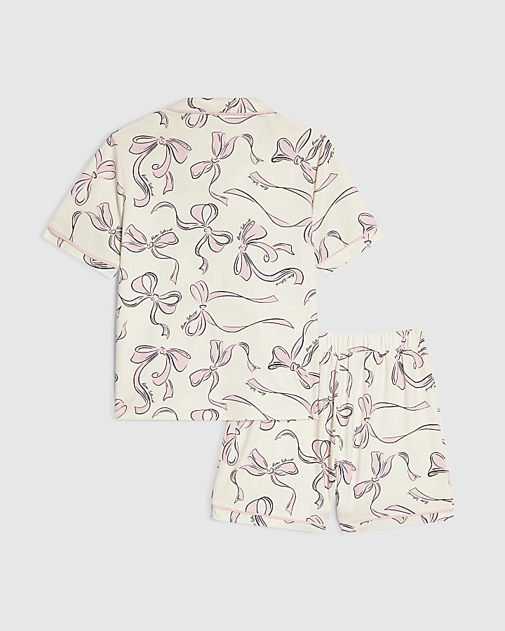 Girls Cream Bow Print Short Sleeve Pyjamas