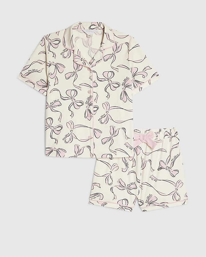 Girls Cream Bow Print Short Sleeve Pyjamas