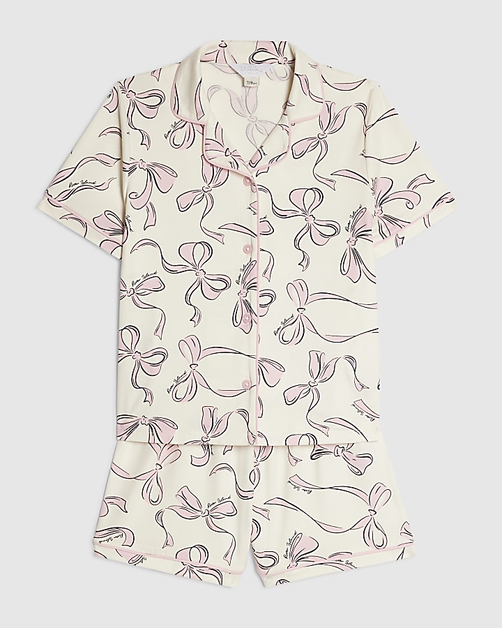 Girls Cream Bow Print Short Sleeve Pyjamas