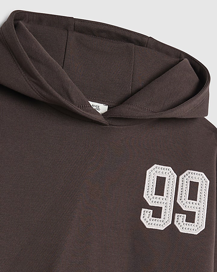 Girls Brown 99 Number Hoodie Tracksuit Set