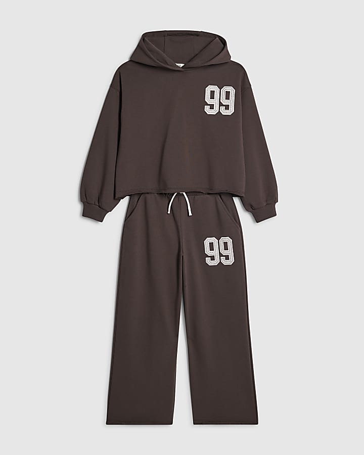 Girls Brown 99 Number Hoodie Tracksuit Set