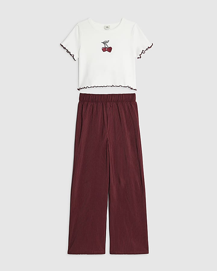 Girls Red Cherry T-Shirt And Trousers Set