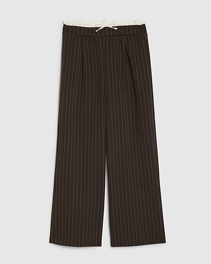 Girls Brown Pinstripe Wide Leg Trousers