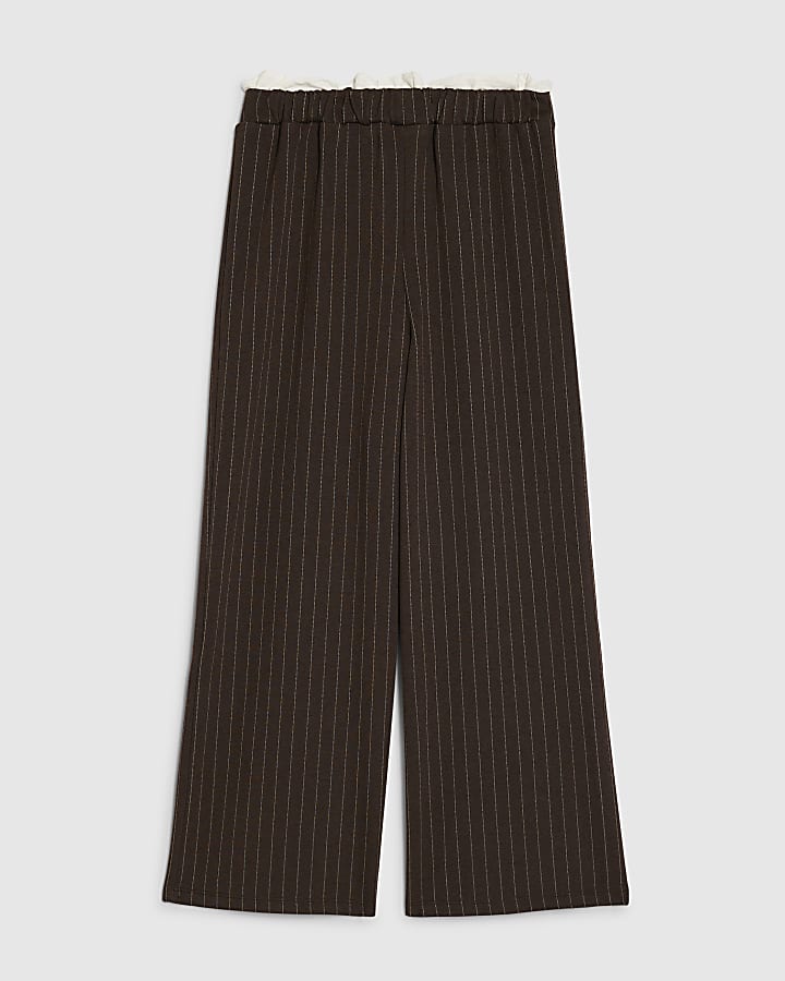 Girls Brown Pinstripe Wide Leg Trousers