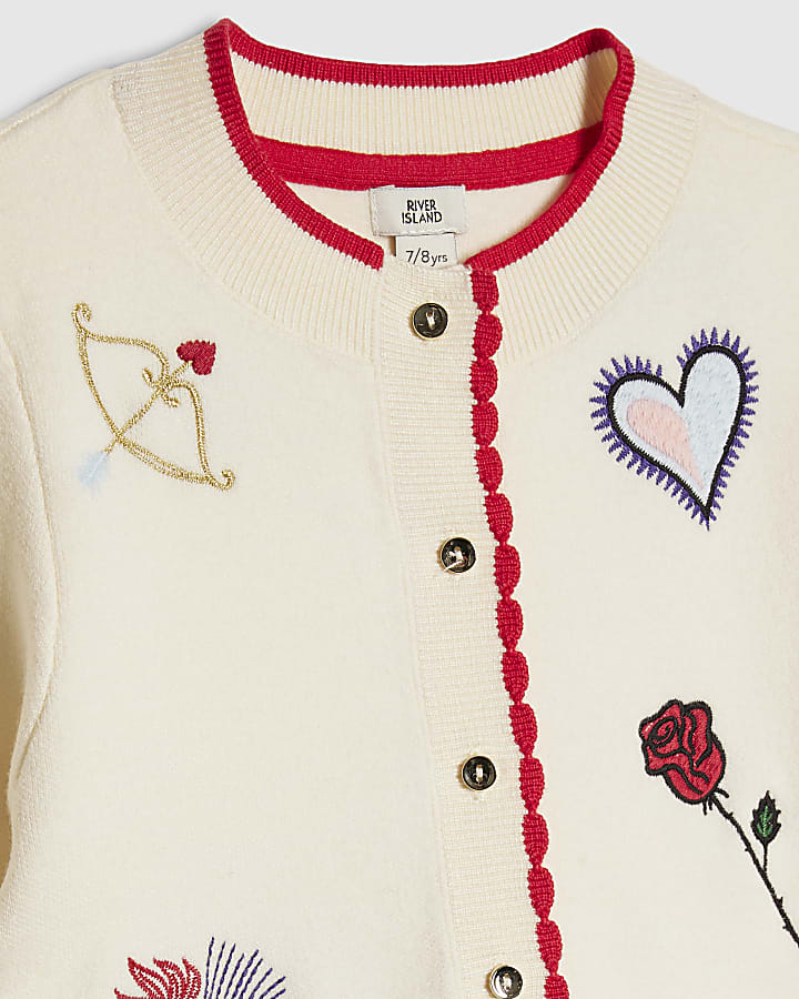 Girls Cream Embroidered Cardigan