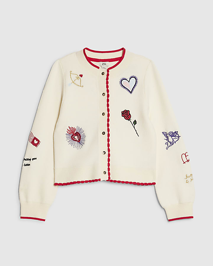 Girls Cream Embroidered Cardigan