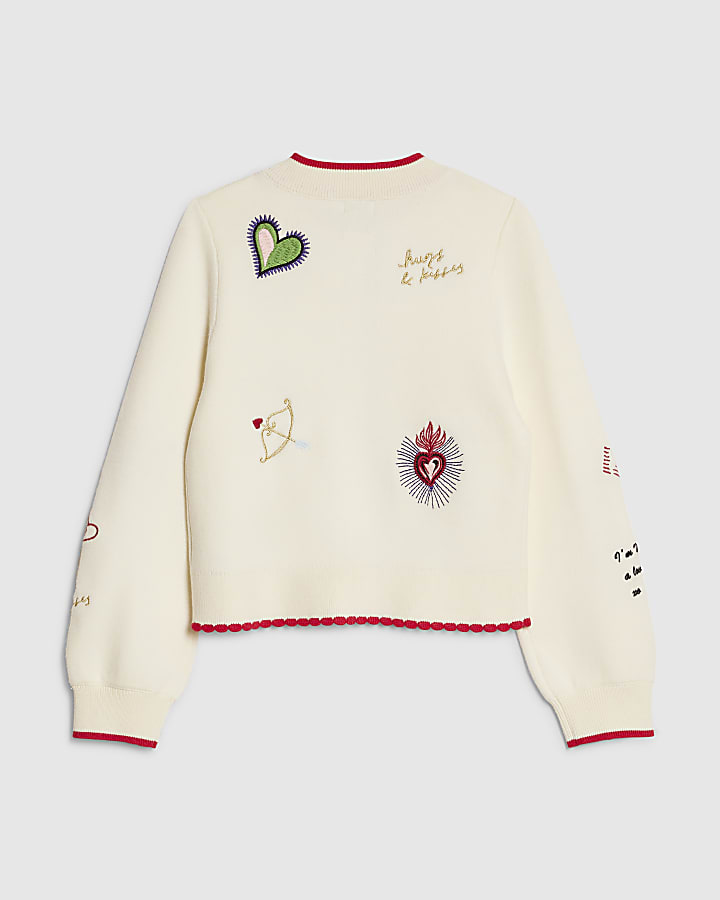Girls Cream Embroidered Cardigan