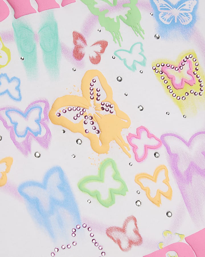 Girls White Butterfly Crop T-Shirt