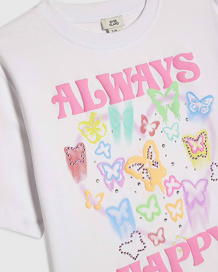 Girls White Butterfly Crop T-Shirt