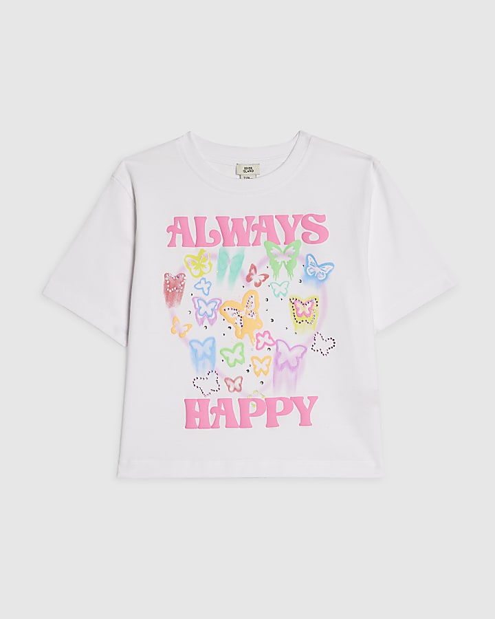 Girls White Butterfly Crop T-Shirt