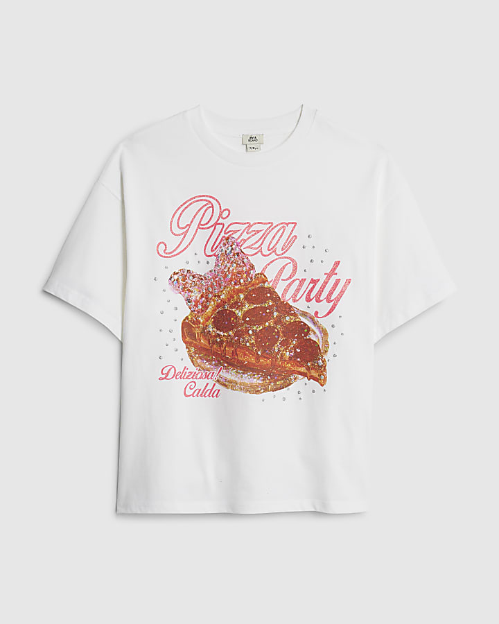 Girls White Pizza Party T-Shirt