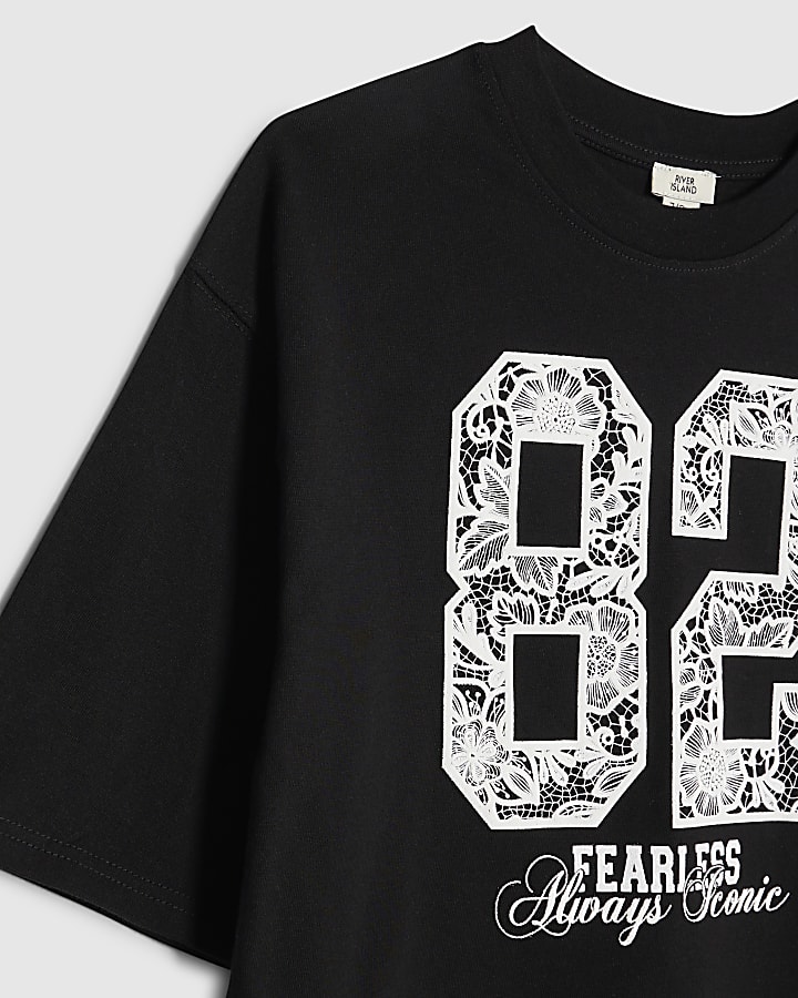 Girls Black Lace Number Crop T-Shirt