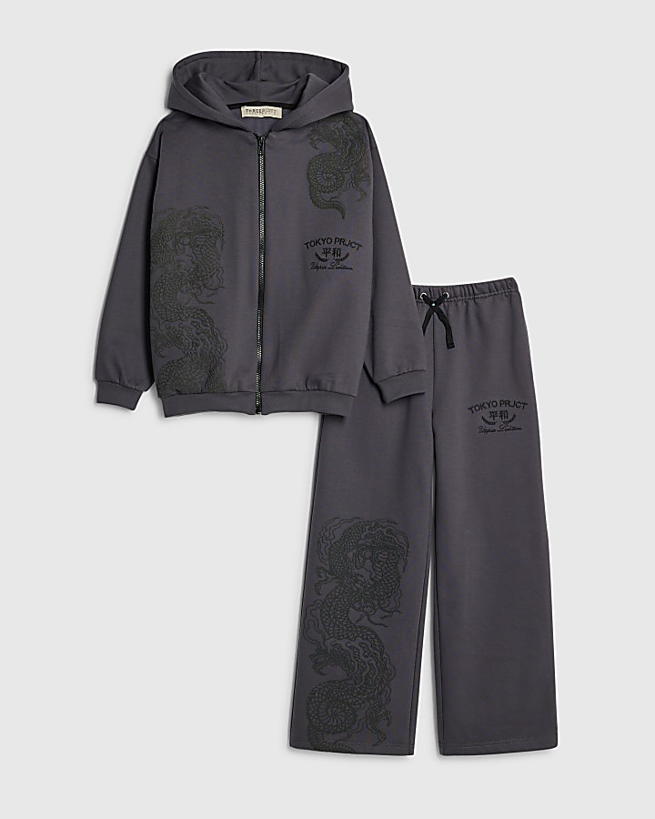 Boys Grey Japanese Dragon Hoodie Set