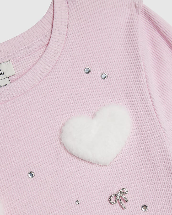 Girls Pink Ribbed Faux Fur Heart T-Shirt