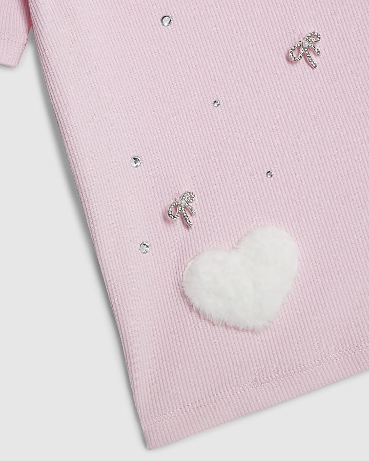 Girls Pink Ribbed Faux Fur Heart T-Shirt