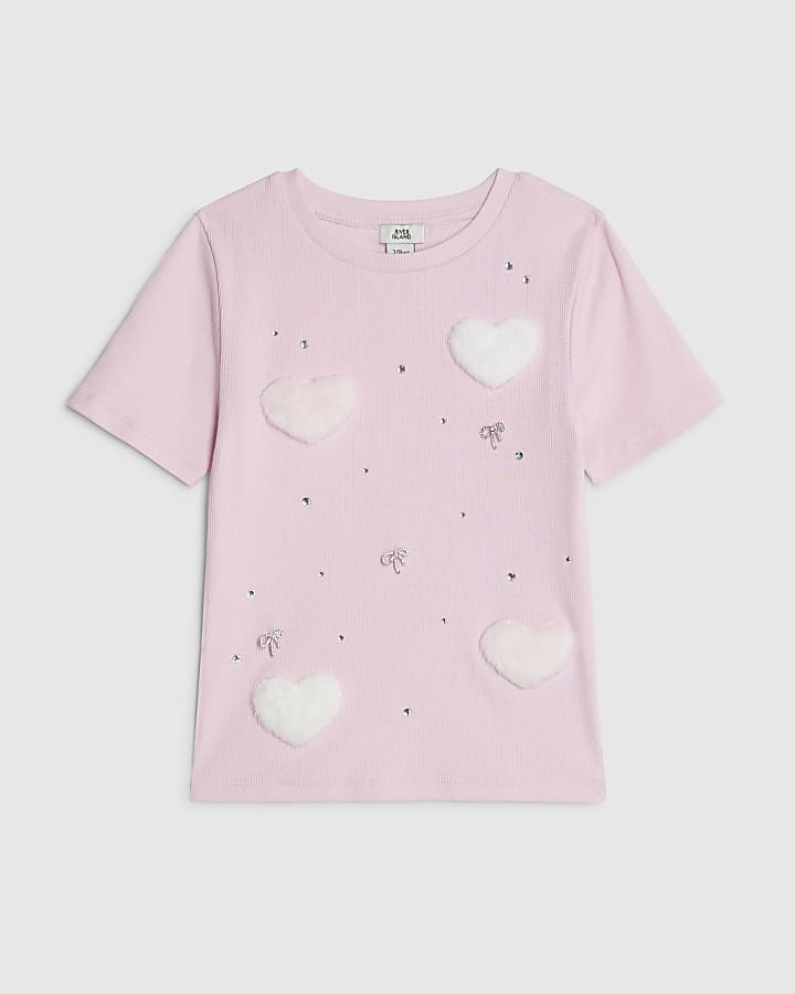 Girls Pink Ribbed Faux Fur Heart T-Shirt
