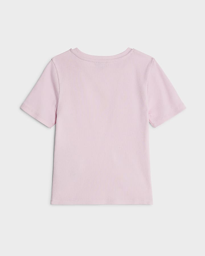 Girls Pink Ribbed Faux Fur Heart T-Shirt