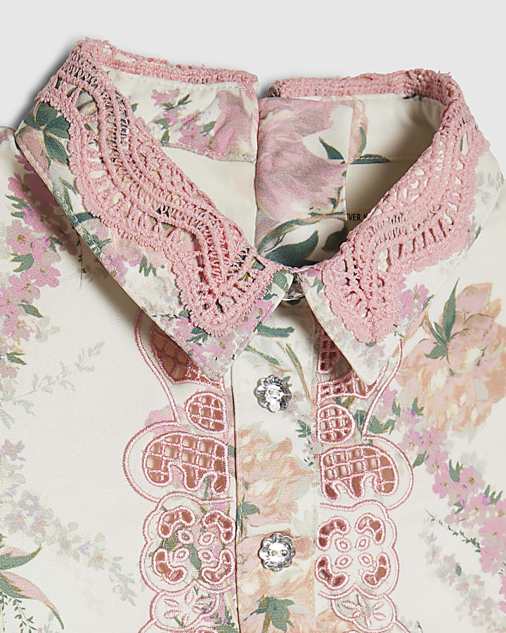 Mini Girls Pink Floral Lace Collar Dress