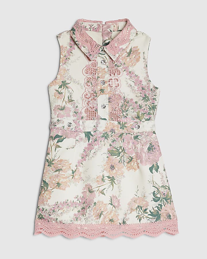 Mini Girls Pink Floral Lace Collar Dress