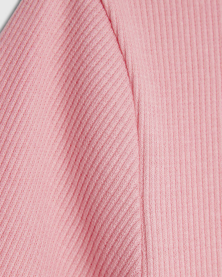 Girls Pink Ribbed Diamante Bow T-Shirt