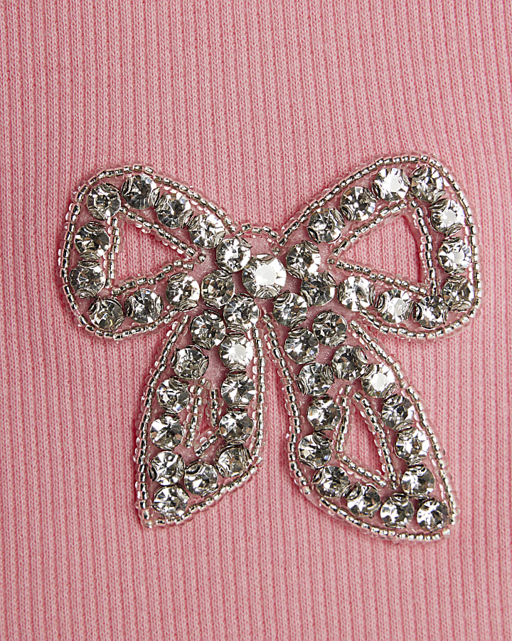 Girls Pink Ribbed Diamante Bow T-Shirt