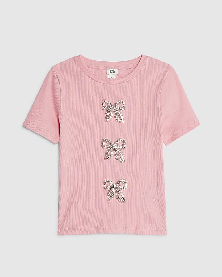 Girls Pink Ribbed Diamante Bow T-Shirt