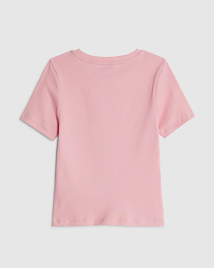 Girls Pink Ribbed Diamante Bow T-Shirt
