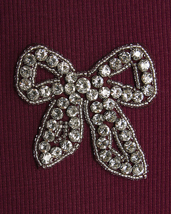 Girls Red Ribbed Diamante Bow T-Shirt