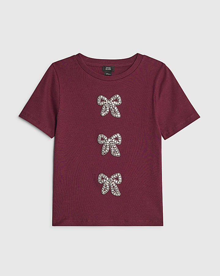 Girls Red Ribbed Diamante Bow T-Shirt