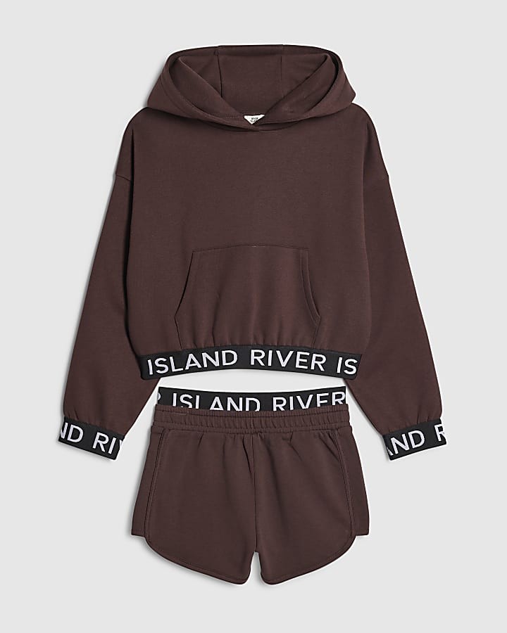 Girls Brown Hoodie And Shorts Set