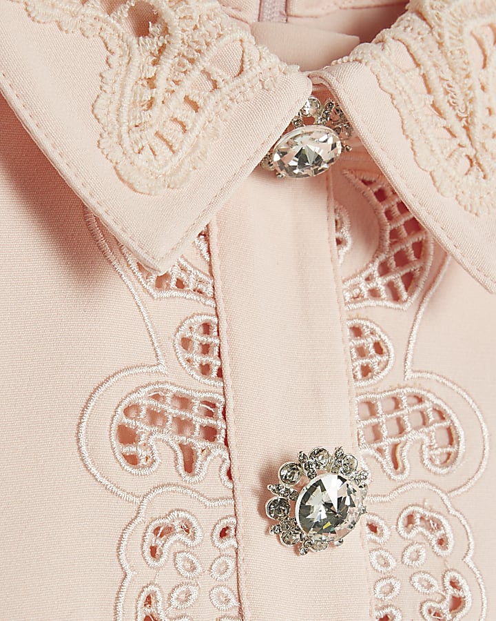 Girls Pink Button Up Embellished Dress