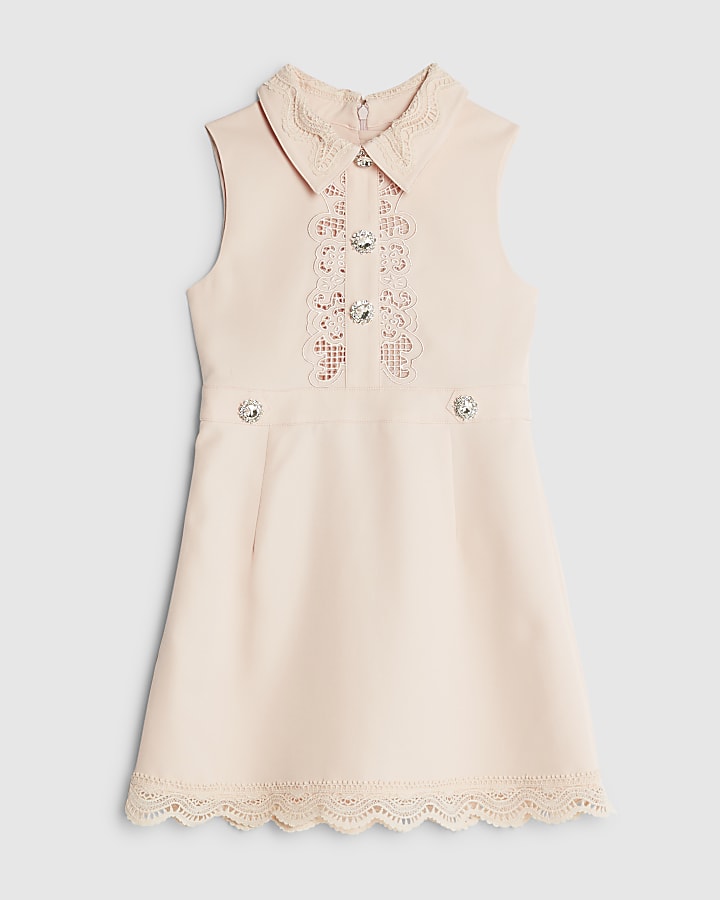 Girls Pink Button Up Embellished Dress