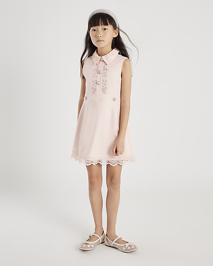 Girls Pink Button Up Embellished Dress