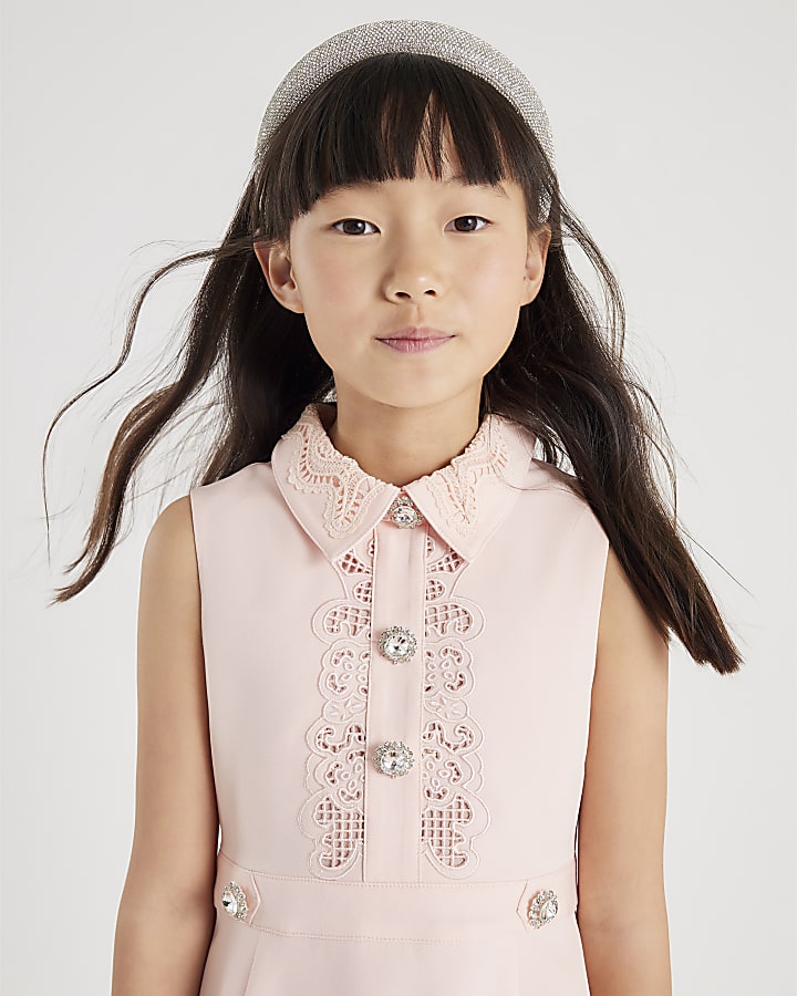 Girls Pink Button Up Embellished Dress