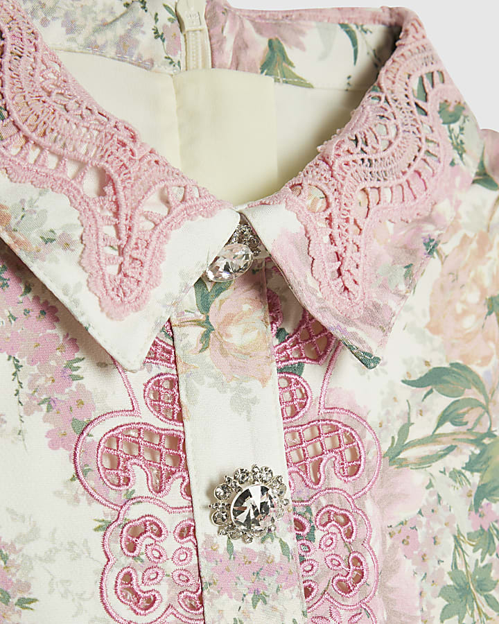 Girls White Collared Floral Lace Dress