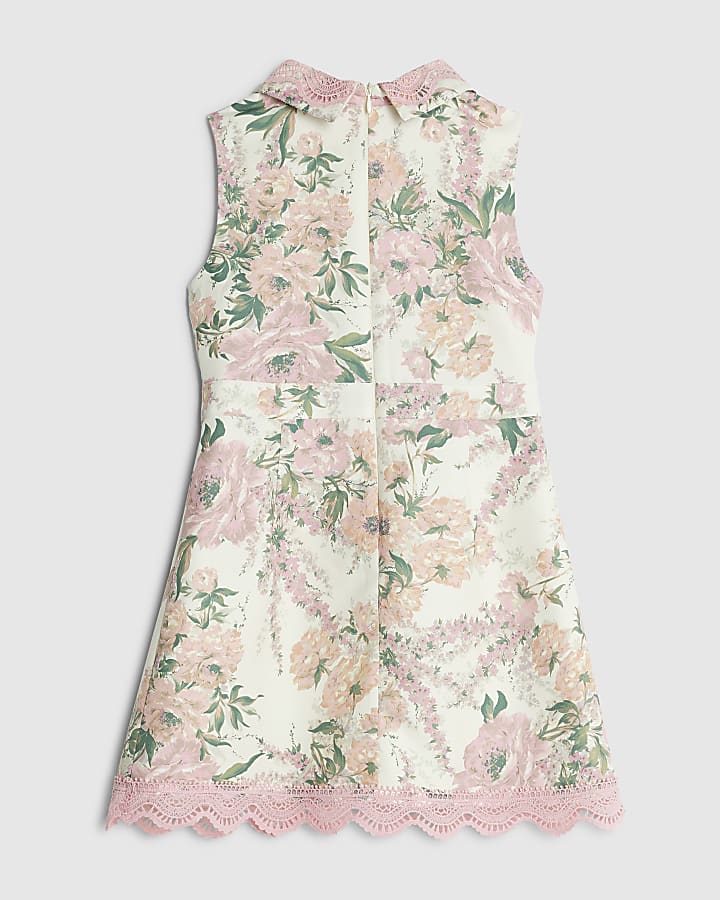 Girls White Collared Floral Lace Dress