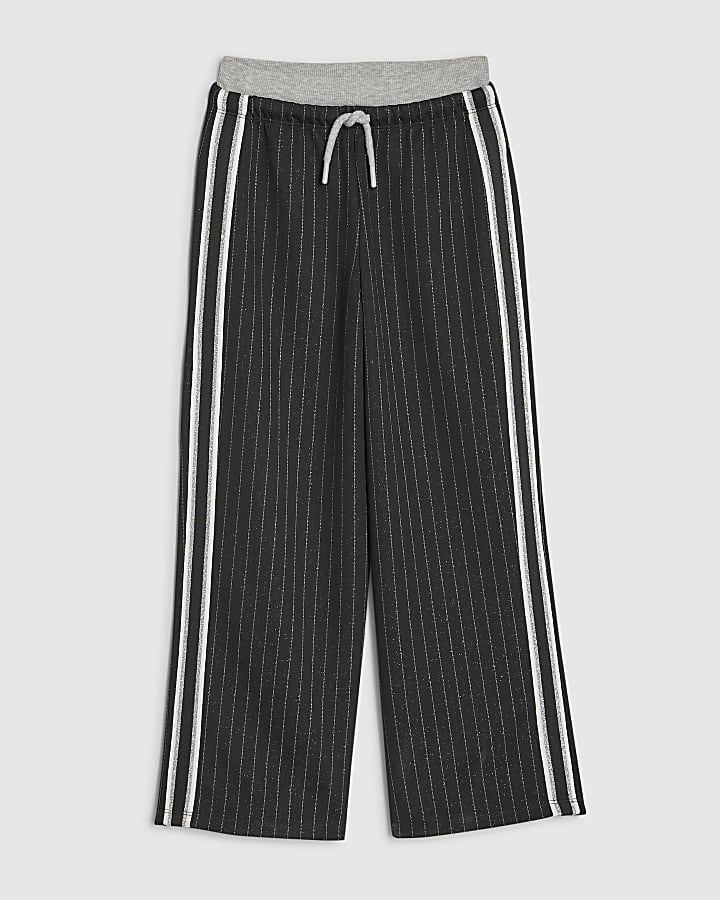 Girls Black Pinstripe Wide Leg Trousers