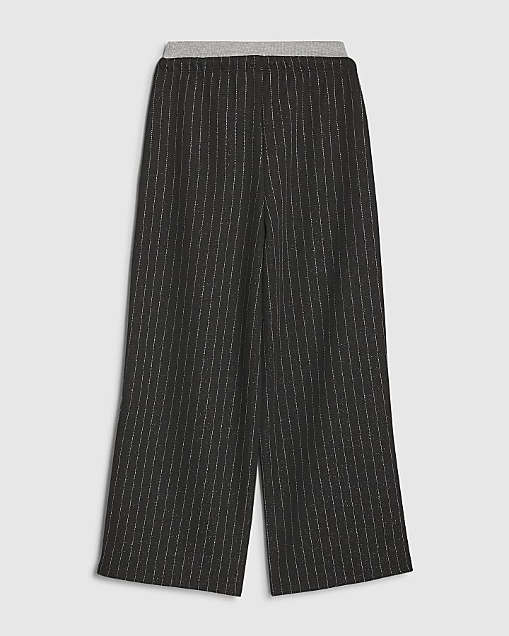 Girls Black Pinstripe Wide Leg Trousers