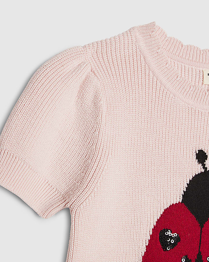 Mini Girls Pink Ladybird Knitted T-Shirt
