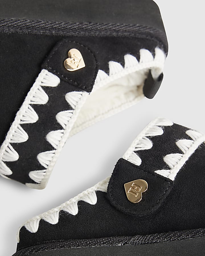 Girls Black Whipstitch Strap Slippers