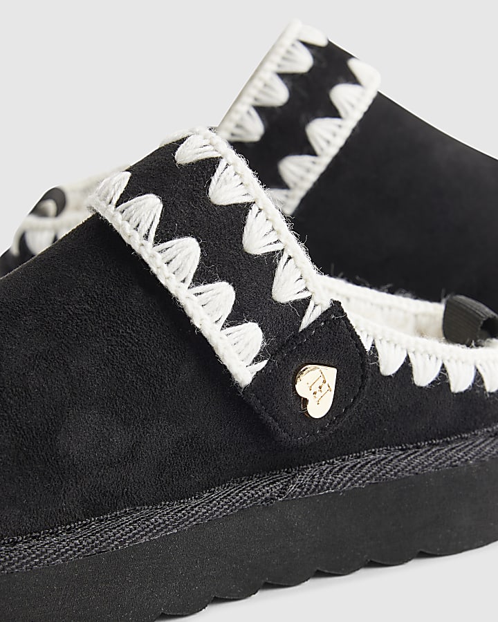 Girls Black Whipstitch Strap Slippers