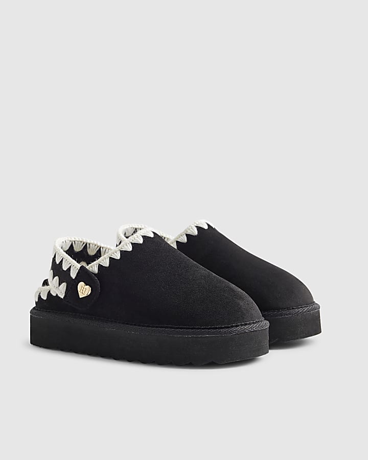 Girls Black Whipstitch Strap Slippers