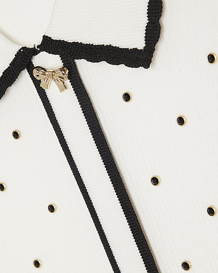 Girls Cream Embellished Polo Dress