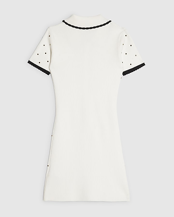 Girls Cream Embellished Polo Dress