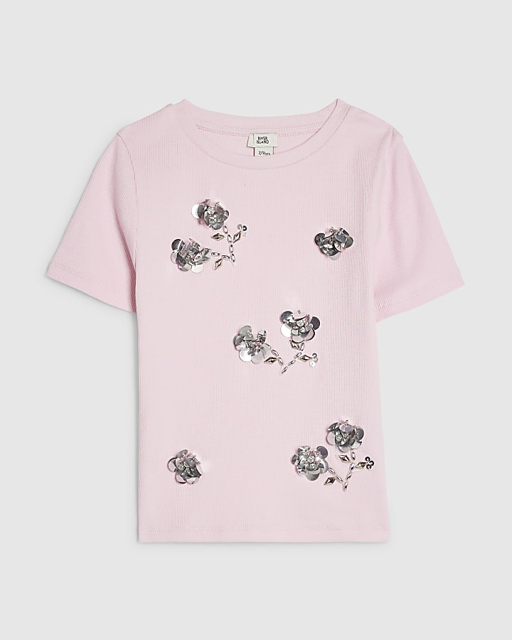 Girls Pink Sequin Flower T-shirt