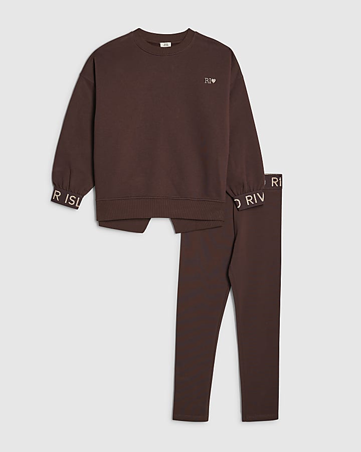 Girls Brown Split Back Sweatshirt Set