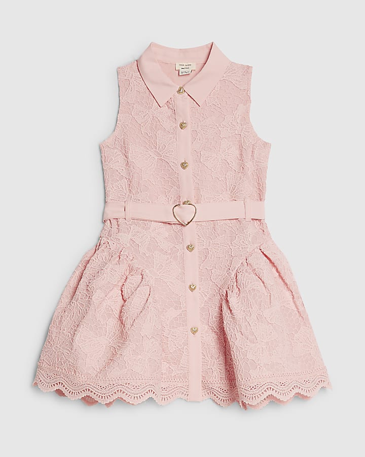 Mini Girls Pink Bow Lace Belted Dress