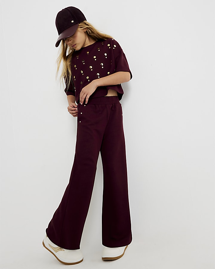 Girls Red Studded Wide Joggers
