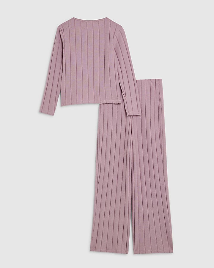 Girls Pink Cosy Rib Wide Leg Trousers Set