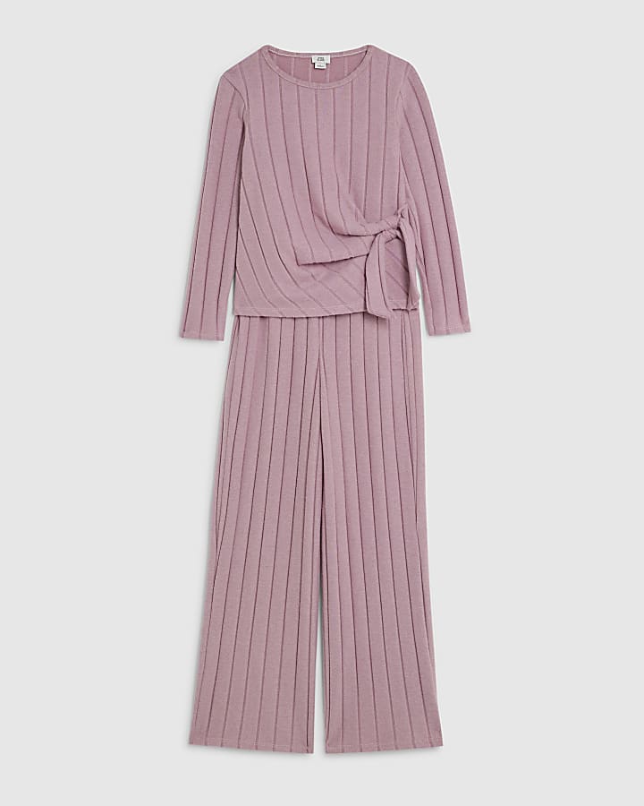 Girls Pink Cosy Rib Wide Leg Trousers Set